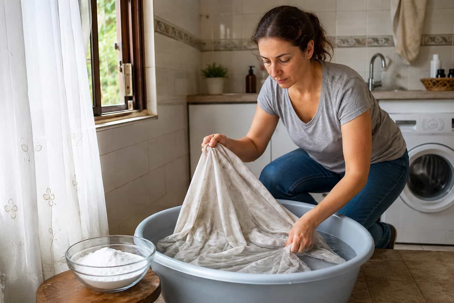 Donna che immerge una tenda bianca ingrigita in una bacinella con acqua tiepida e bicarbonato prima del lavaggio