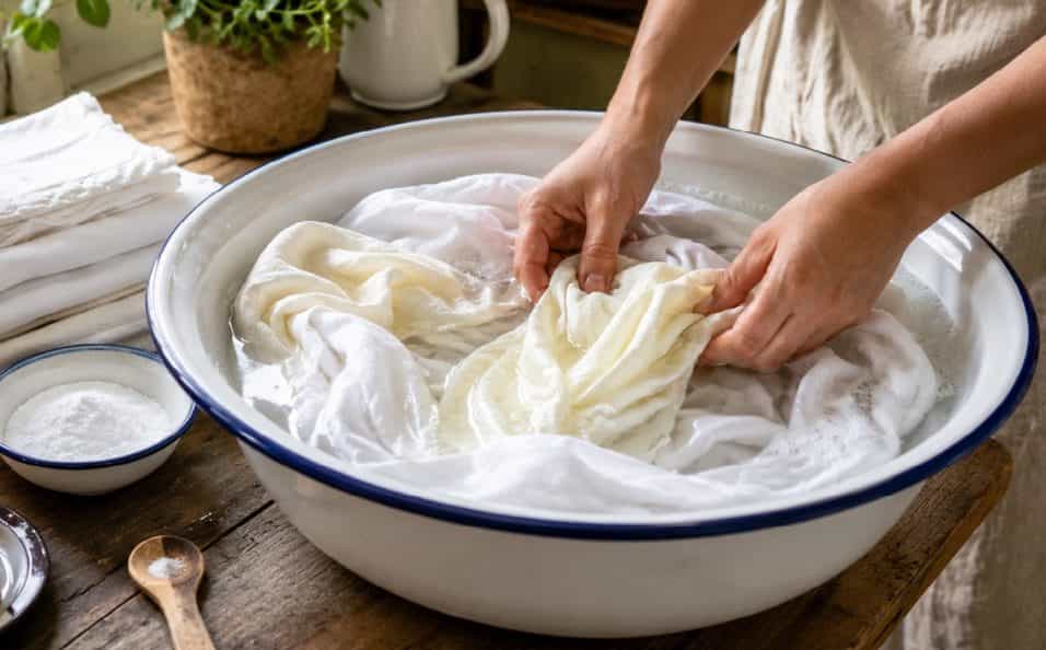 Il vecchio metodo della bacinella per schiarire la biancheria ingiallita: ingredienti, ammollo, rimedi antichi con cenere e consigli per non rovinare i tessuti.