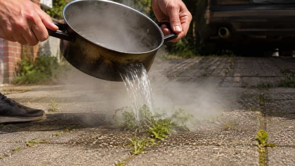 Una persona versa dell'acqua bollente fumante da una pentola sulle erbacce tra le piastrelle del vialetto di casa.