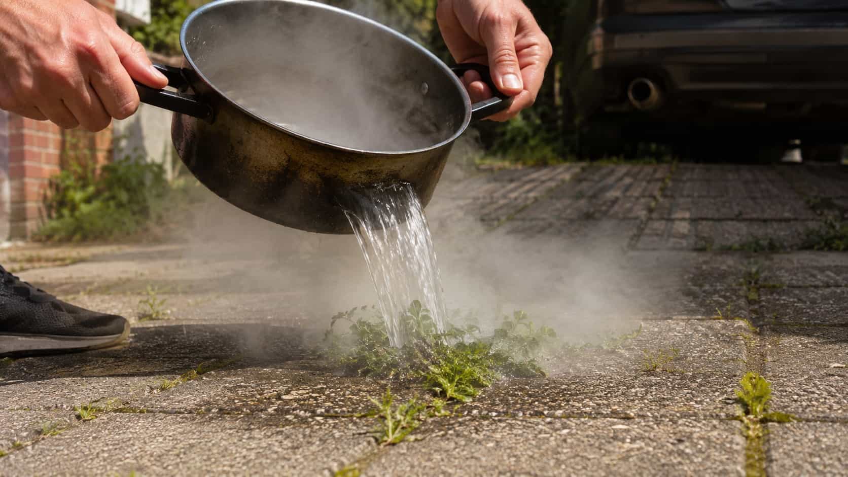 Una persona versa dell'acqua bollente fumante da una pentola sulle erbacce tra le piastrelle del vialetto di casa.