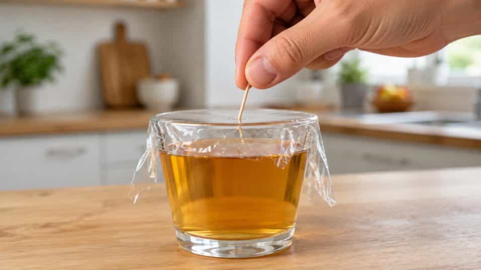Una mano fa dei piccoli fori con uno stuzzicadenti sulla pellicola trasparente che copre un bicchiere contenente aceto di mele sul tavolo della cucina