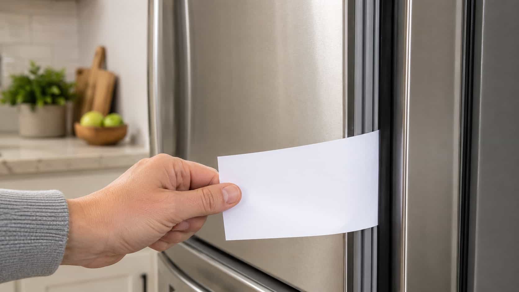 Una mano infila un foglio di carta bianca tra la guarnizione in gomma e lo sportello chiuso di un frigorifero per fare il test di tenuta.