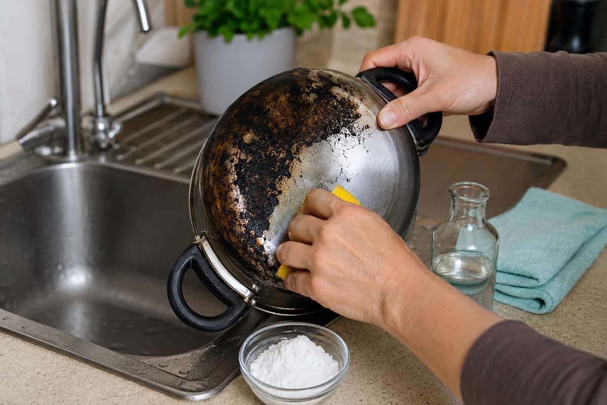 Il vecchio metodo per pulire il fondo annerito delle pentole senza graffiarle: ammollo con acqua calda, bicarbonato e aceto, quando funziona e quando è meglio sostituire la pentola.