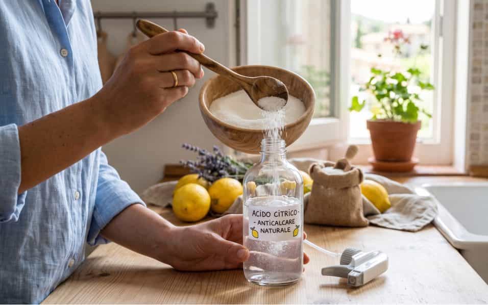 Cucchiaio in legno che versa la polvere bianca di acido citrico in un flacone spray trasparente per pulire il calcare di casa