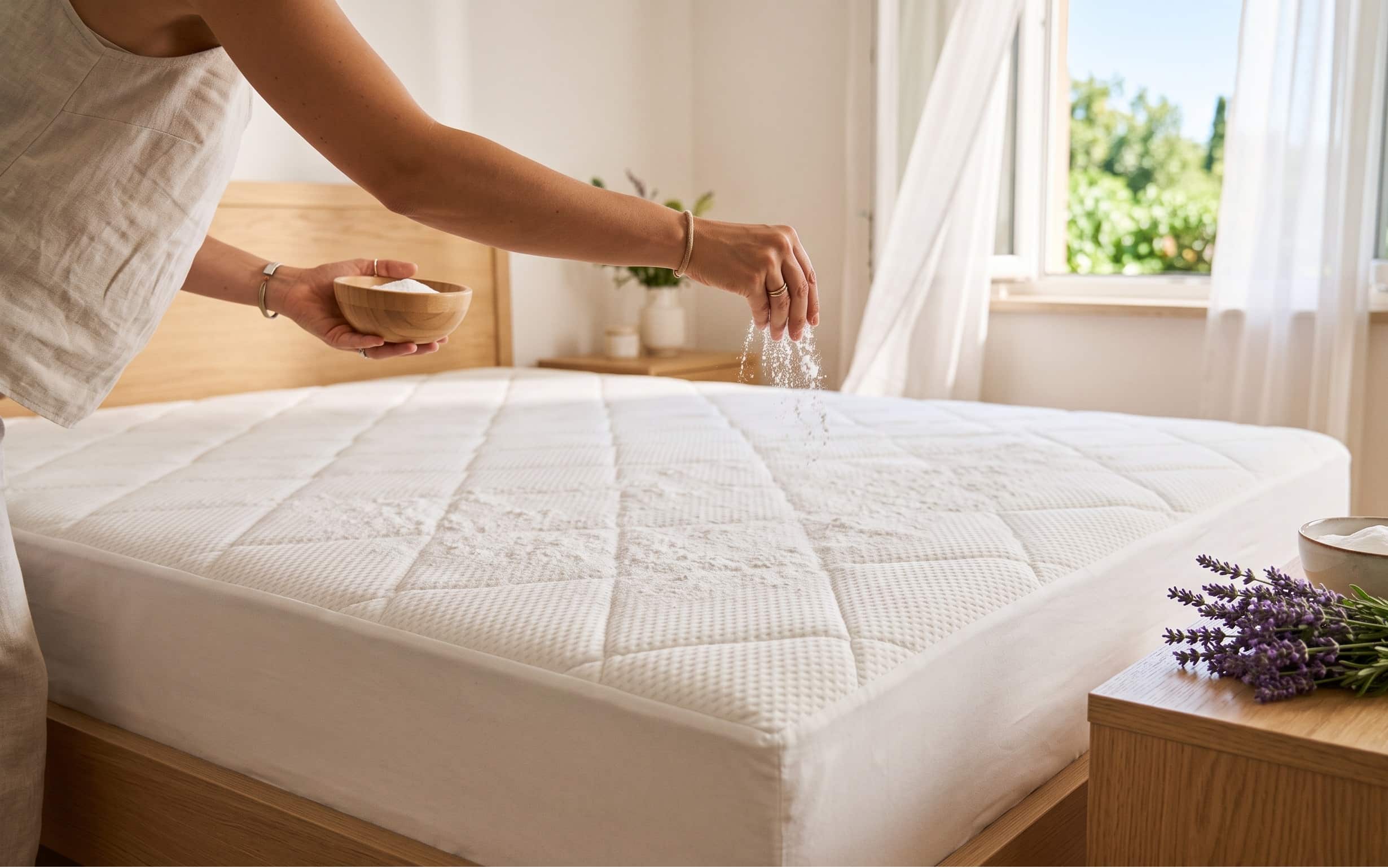Mano che sparge il bicarbonato di sodio su un materasso matrimoniale per eliminare gli odori estivi