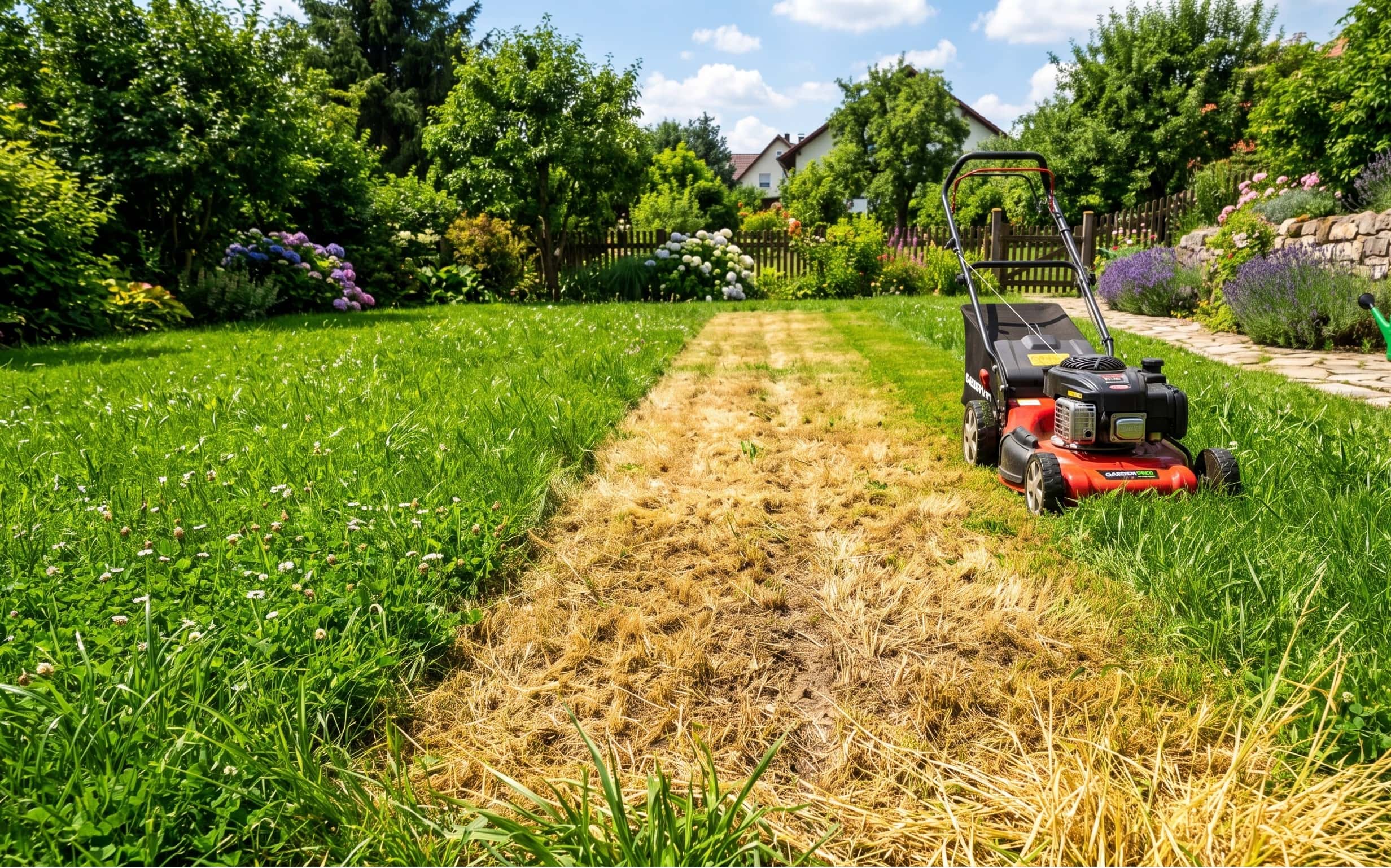 Un prato verde lussureggiante con una parte centrale tagliata a raso terra che sta rapidamente diventando gialla e secca