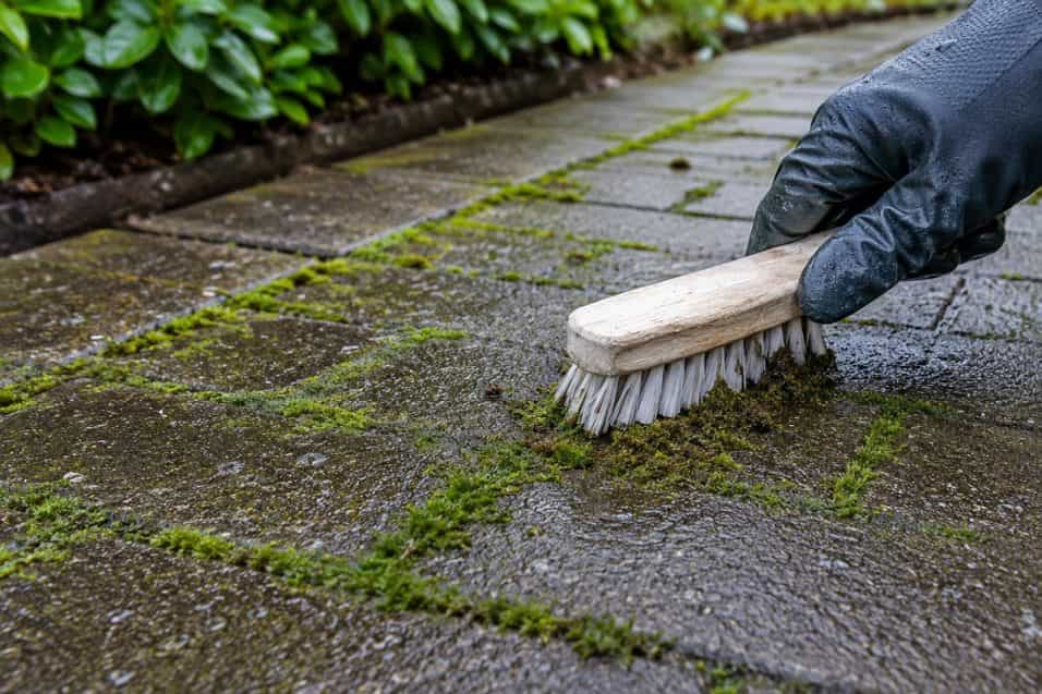 Muschio verde tra le piastrelle del vialetto: perché si forma, come rimuoverlo senza graffiare il pavimento e quali prodotti usare su gres, cotto, pietra e cemento