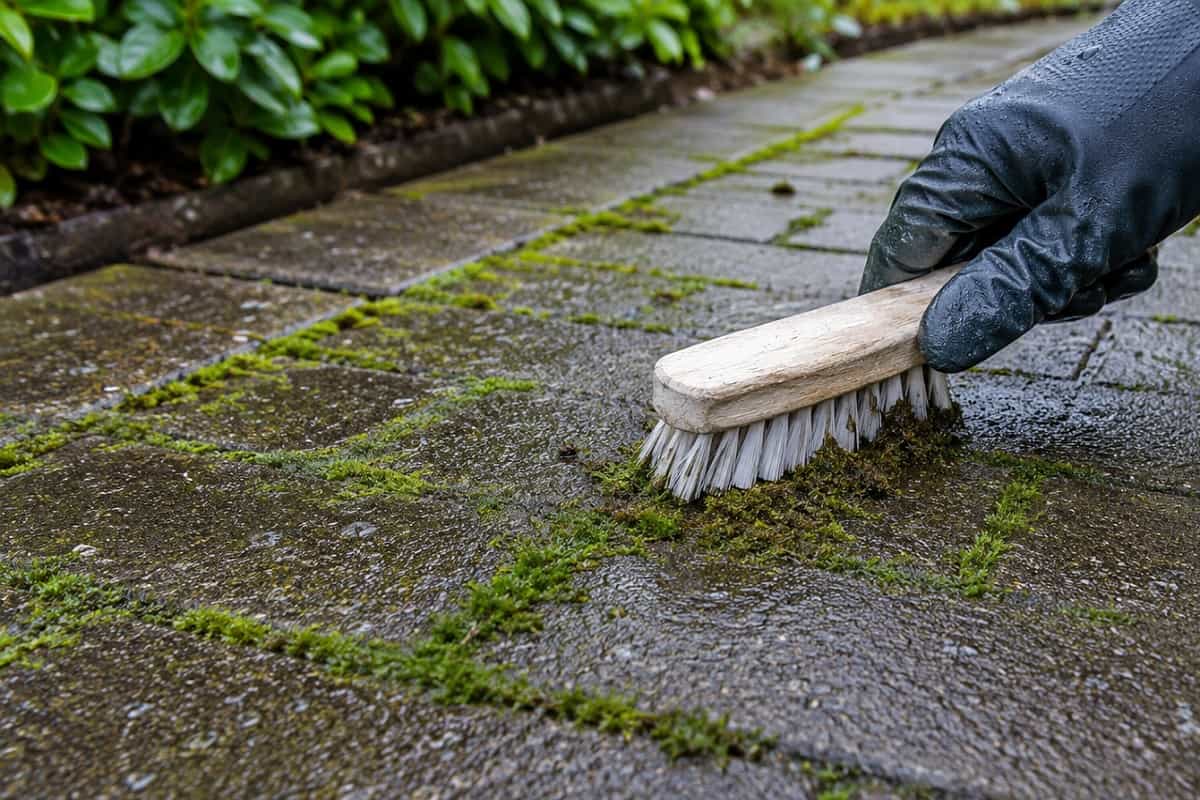 Muschio verde tra le piastrelle del vialetto: perché si forma, come rimuoverlo senza graffiare il pavimento e quali prodotti usare su gres, cotto, pietra e cemento