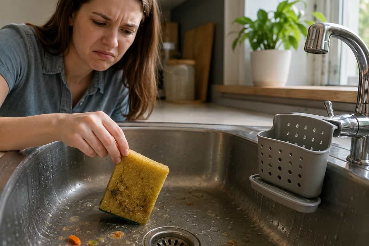 Spugna dei piatti sempre bagnata nel lavello: perché favorisce batteri e cattivi odori, come asciugarla, igienizzarla e quando cambiarla.