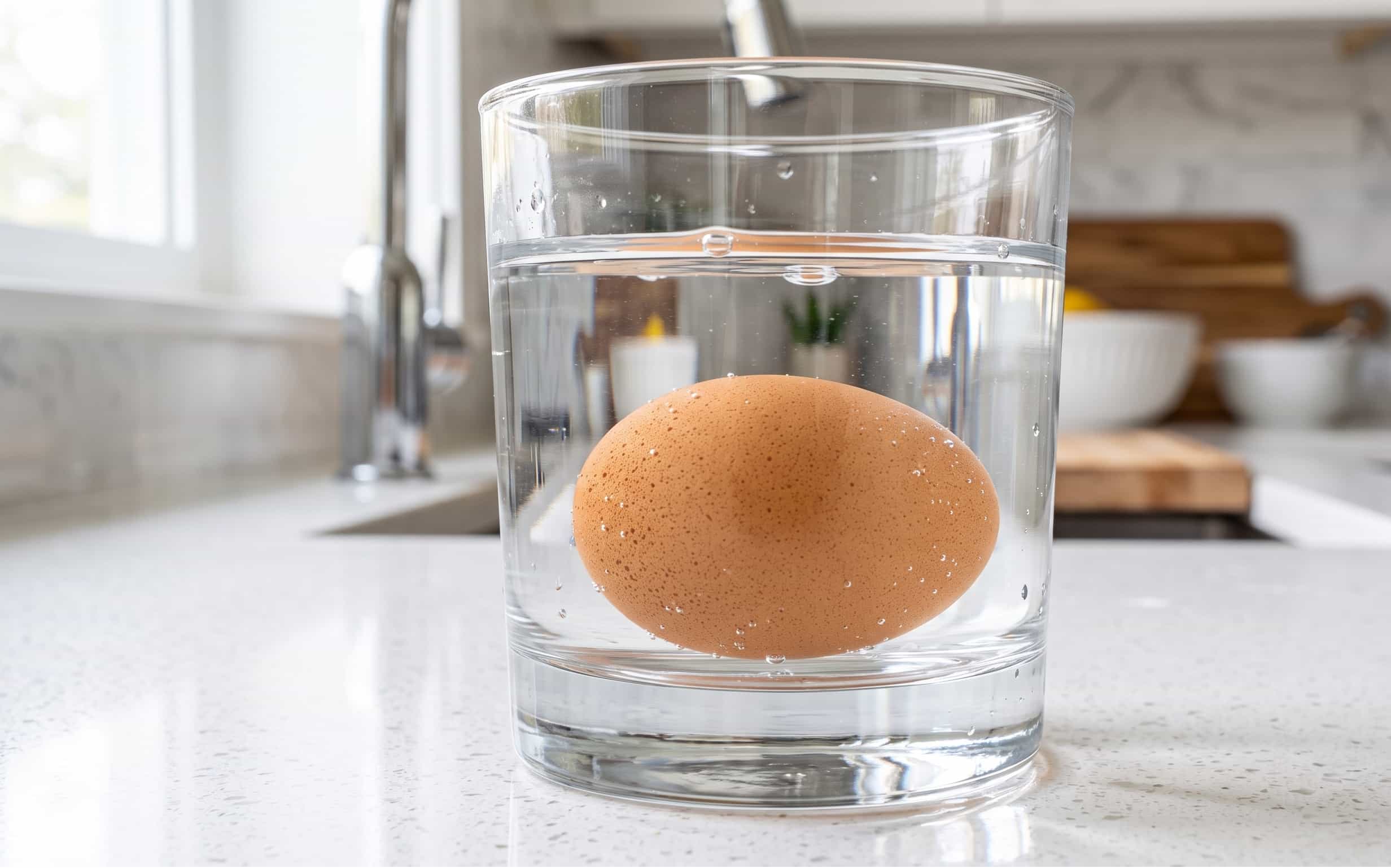 Un uovo fresco immerso sul fondo di un bicchiere di vetro trasparente pieno d'acqua limpida, su un piano di lavoro da cucina luminoso.