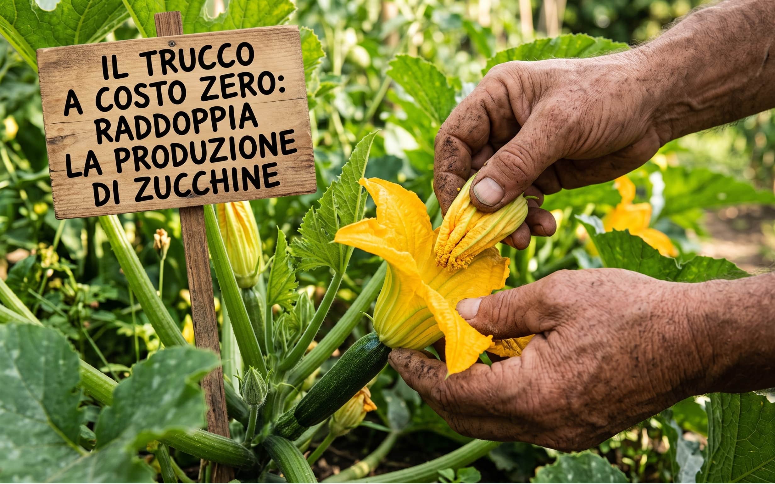 Mani di un coltivatore che strofinano delicatamente il polline di un fiore maschio di zucchina all'interno di un fiore femmina per l'impollinazione manuale.