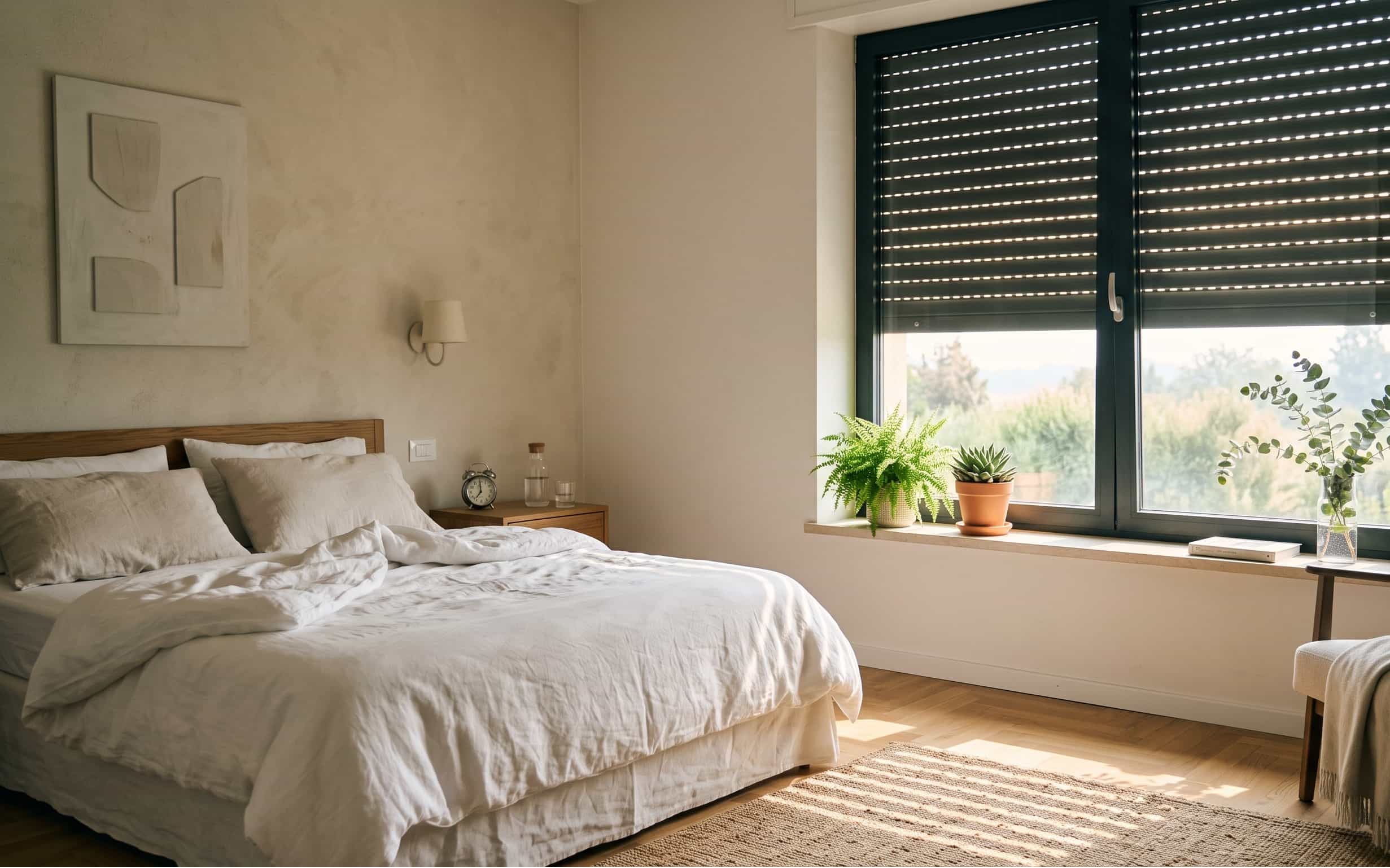 Una stanza da letto luminosa di prima mattina con le tapparelle socchiuse che bloccano i raggi del sole diretto mantenendo l'ambiente fresco.
