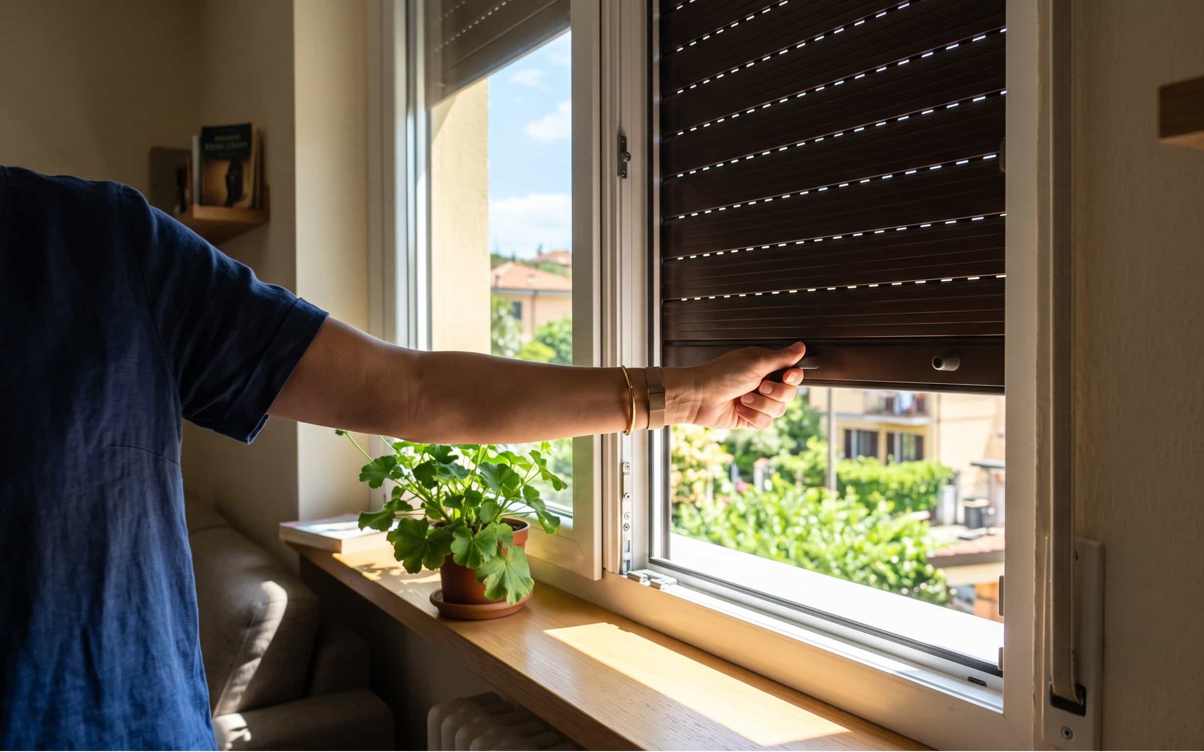 Mano che chiude completamente la tapparella di una finestra prima di uscire di casa per proteggere la stanza dal sole estivo