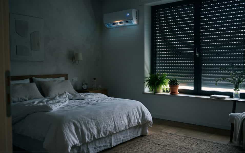 Una camera da letto moderna di notte illuminata dalla luce soffusa del condizionatore