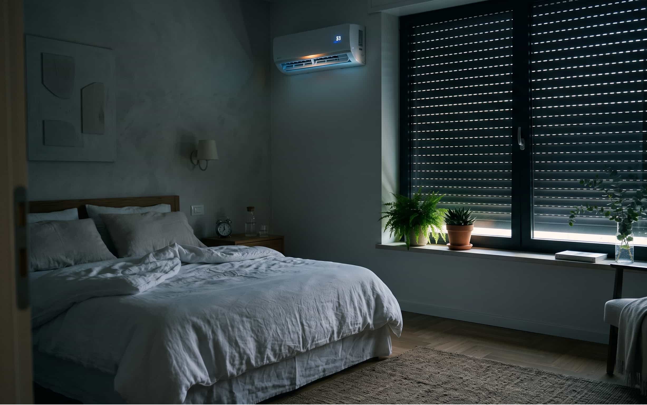 Una camera da letto moderna di notte illuminata dalla luce soffusa del condizionatore
