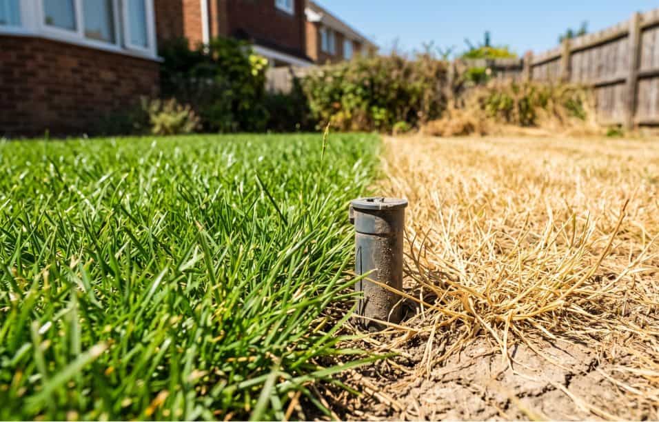 un prato domestico meta verde e meta giallo secco in estate, con un idrante statico spento sotto il sole cocente