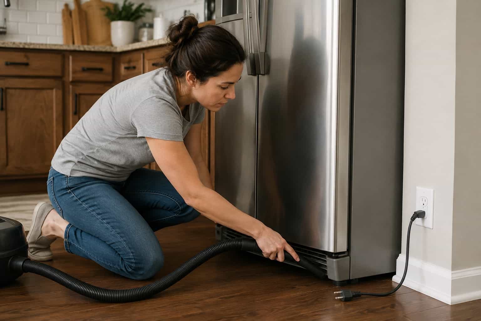 Donna che aspira delicatamente la polvere dalla griglia inferiore del frigorifero dopo aver scollegato l'elettrodomestico