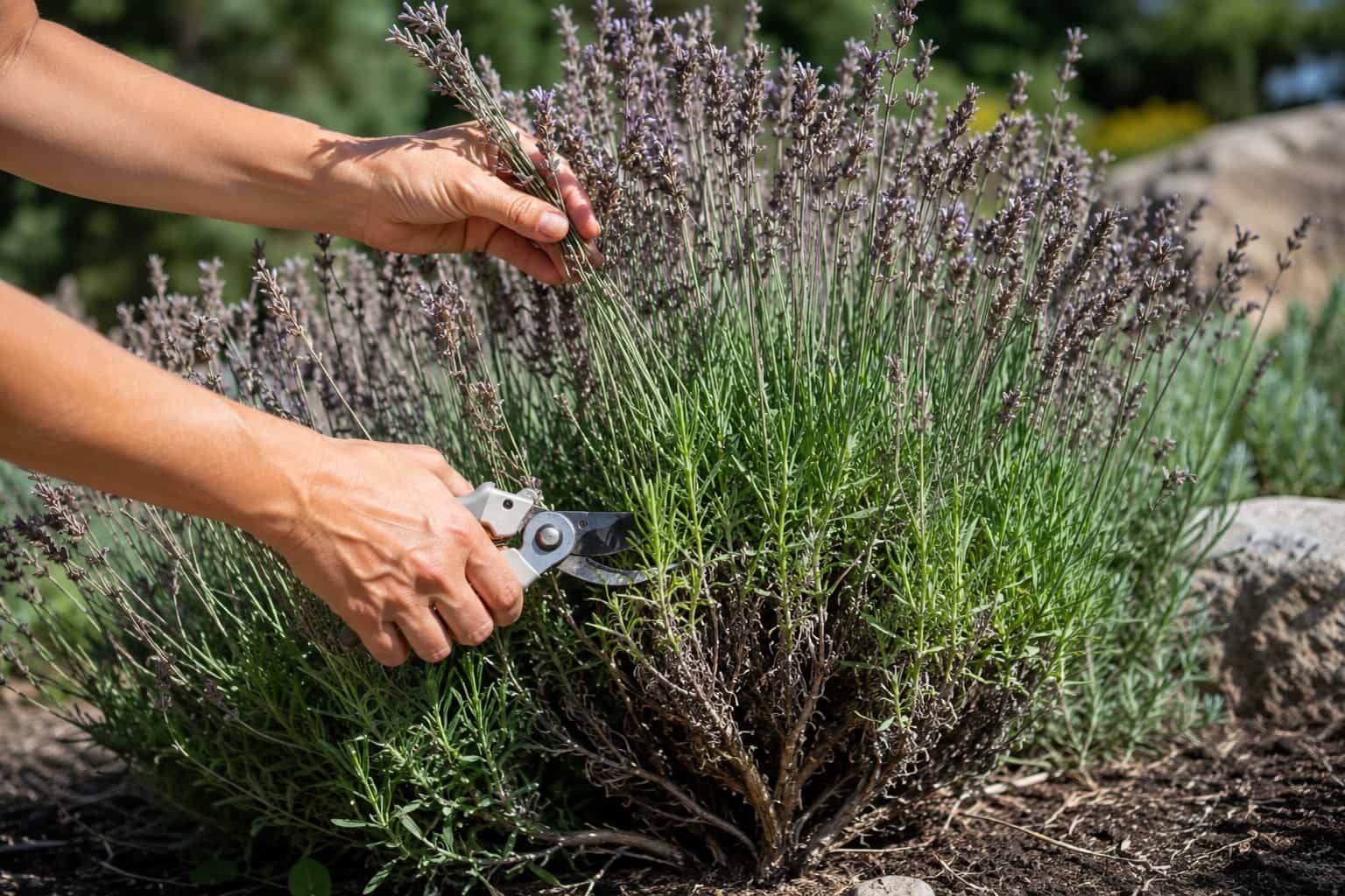 Persona che accorcia con cesoie pulite gli steli sfioriti di una pianta di lavanda, lasciando intatta la parte verde sopra i rami legnosi