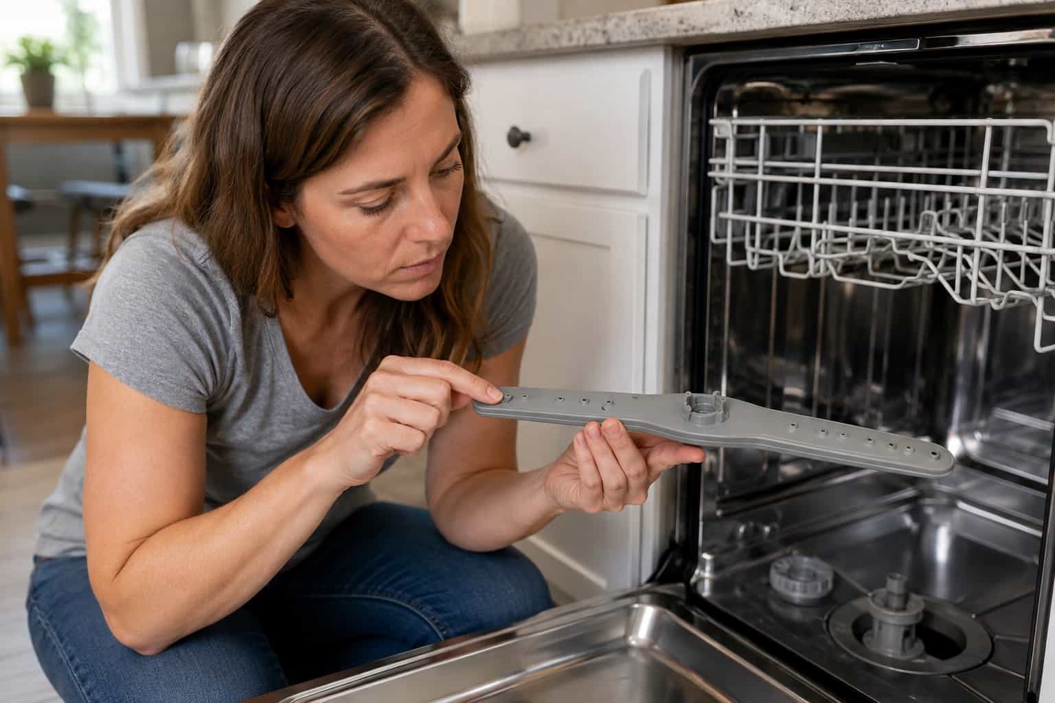 Donna che controlla i piccoli fori del braccio irroratore della lavastoviglie