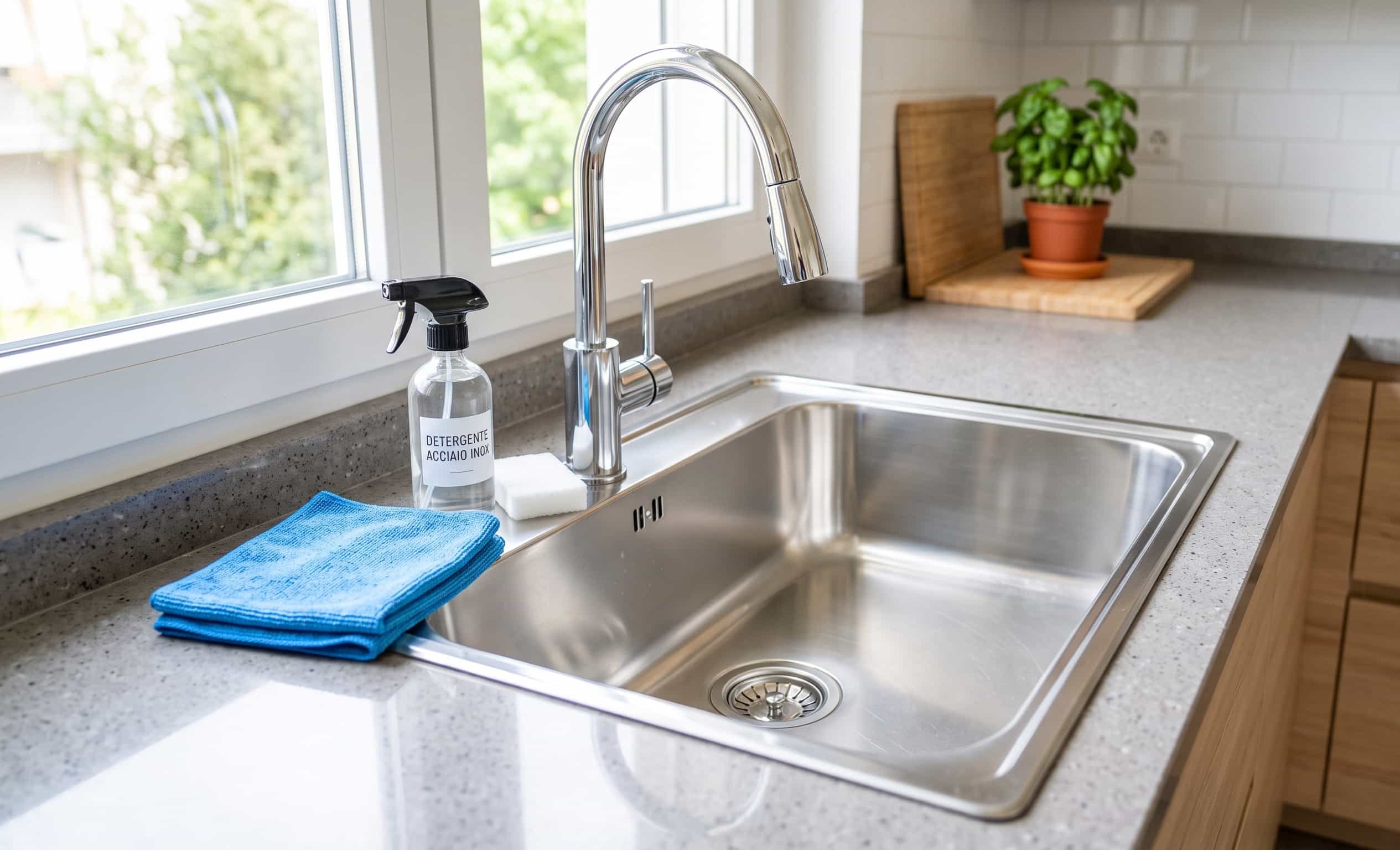 Un lavello da cucina in acciaio inox brillante e pulito con accanto un panno in microfibra