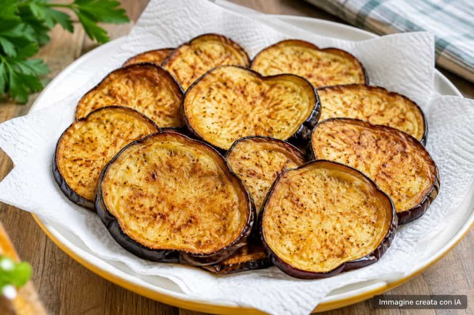 Fette di melanzane fritte dorate e asciutte disposte su carta assorbente in un piatto da portata luminoso