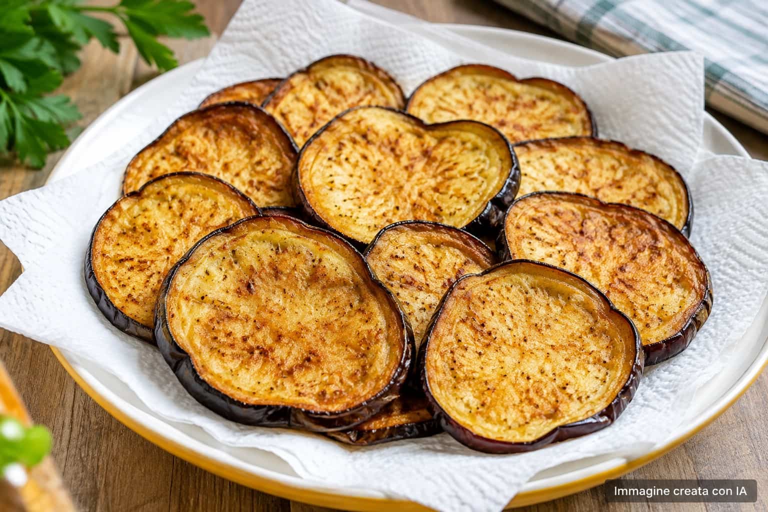 Fette di melanzane fritte dorate e asciutte disposte su carta assorbente in un piatto da portata luminoso