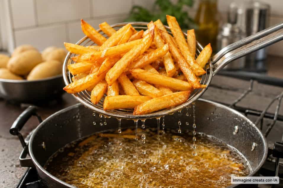 Patate fritte dorate e croccanti appena scolate dall’olio caldo