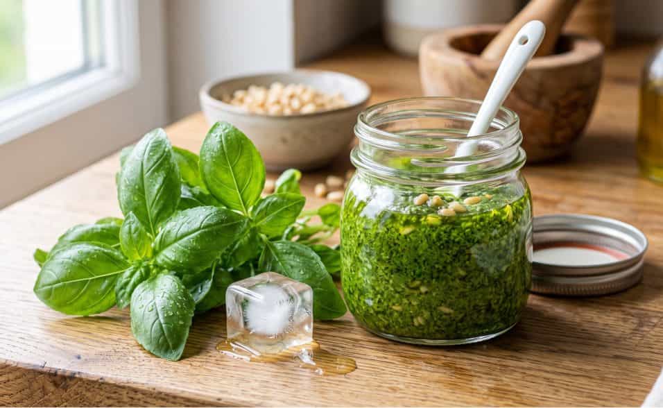 Un vasetto di vetro pieno di pesto di basilico dal colore verde brillante affiancato da foglie fresche e un cubetto di ghiaccio su un piano da cucina