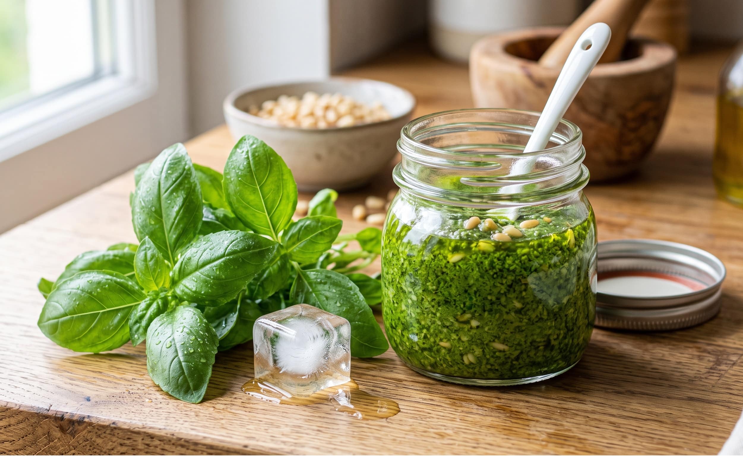 Un vasetto di vetro pieno di pesto di basilico dal colore verde brillante affiancato da foglie fresche e un cubetto di ghiaccio su un piano da cucina