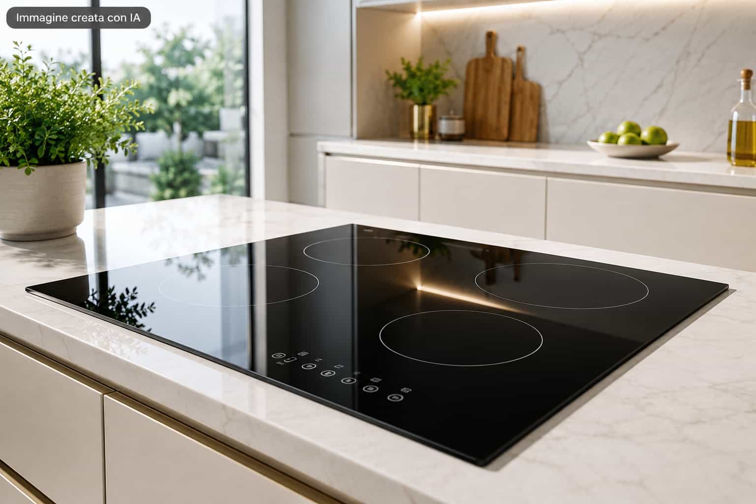 Piano di cottura a induzione nero perfettamente lucido e brillante senza aloni in una cucina moderna e luminosa.