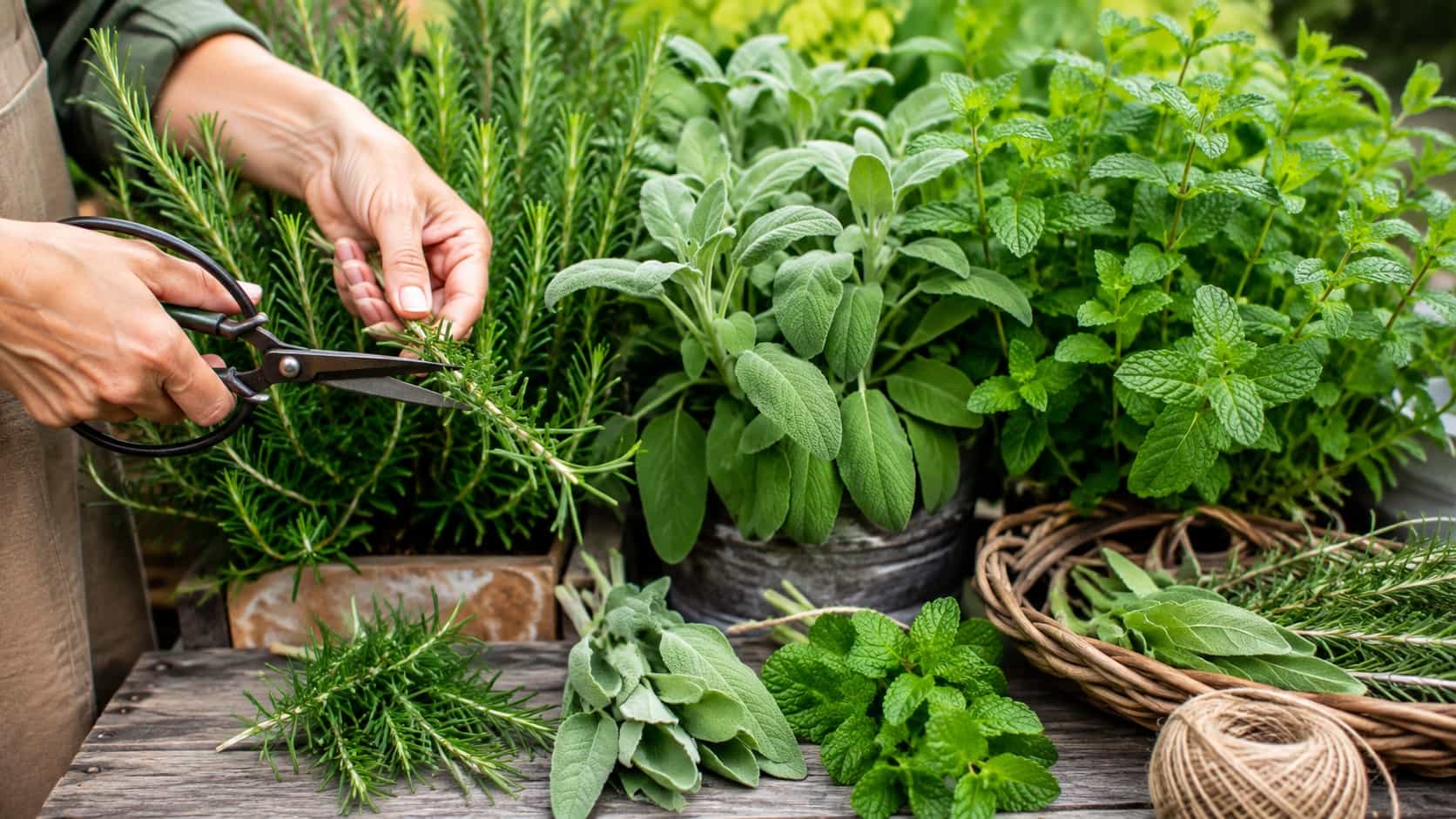 Mani che tagliano rametti di rosmarino, salvia e menta da piante aromatiche rigogliose per prepararli all’essiccazione