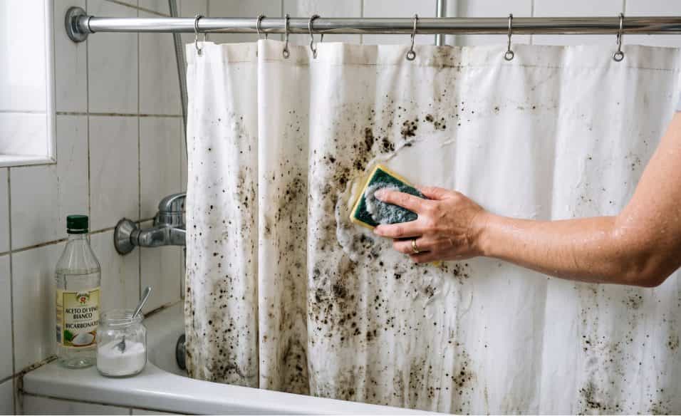 Una mano sgrassa e pulisce una tenda da doccia macchiata di muffa scura utilizzando una spugna