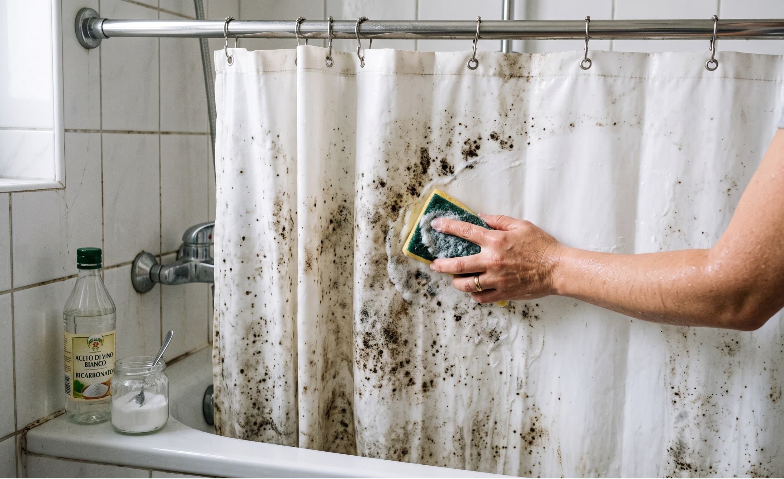 Una mano sgrassa e pulisce una tenda da doccia macchiata di muffa scura utilizzando una spugna