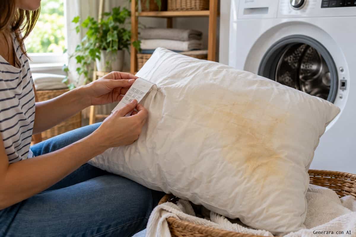 Cuscino ingiallito dopo le notti calde? Prima di metterlo in lavatrice controlla materiale, etichetta e imbottitura: un lavaggio sbagliato può rovinarlo.