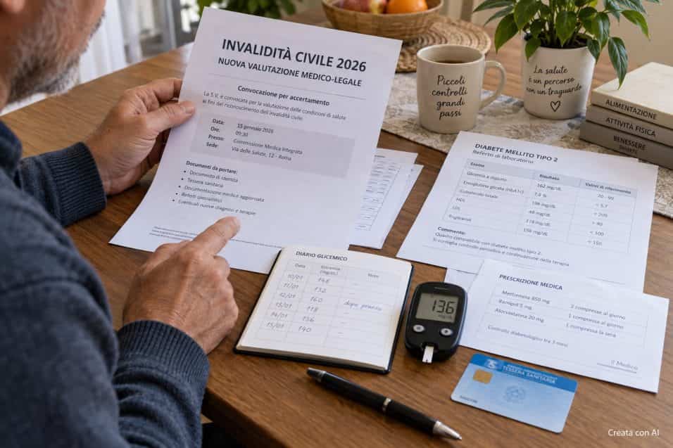 Persona con diabete di tipo 2 che controlla referti medici e documenti per la nuova valutazione dell’invalidità civile