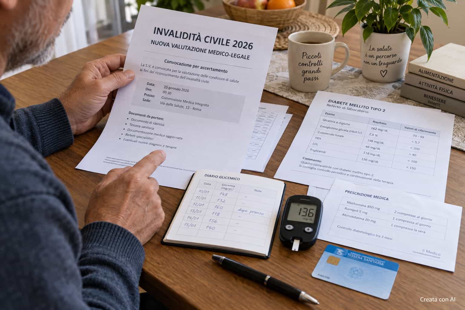 Persona con diabete di tipo 2 che controlla referti medici e documenti per la nuova valutazione dell’invalidità civile