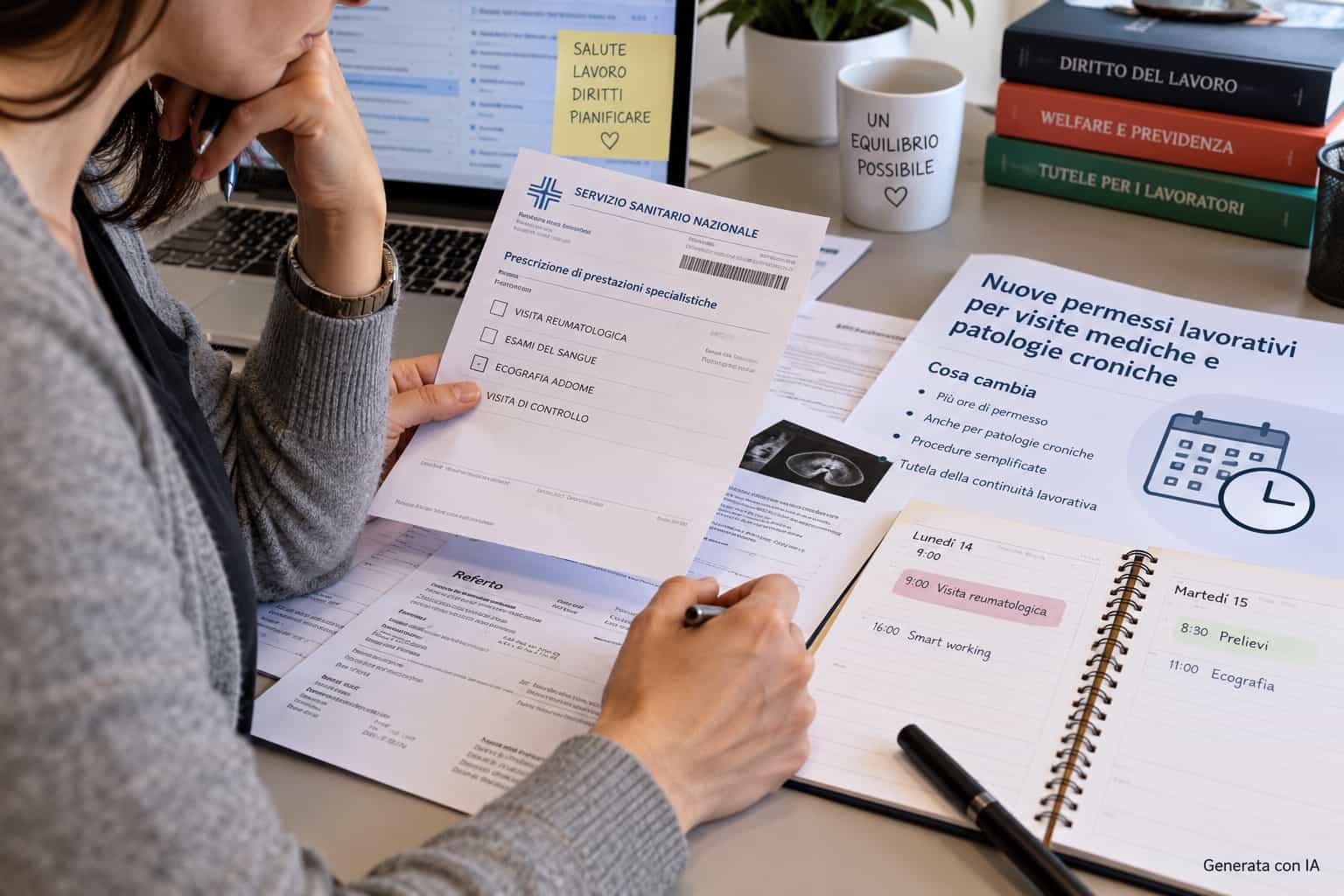 Lavoratore con documenti medici e prescrizione per visite ed esami mentre controlla i nuovi permessi previsti per malattie croniche