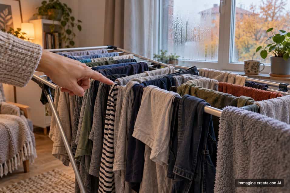 Stendino pieno di bucato umido dentro casa durante una giornata autunnale
