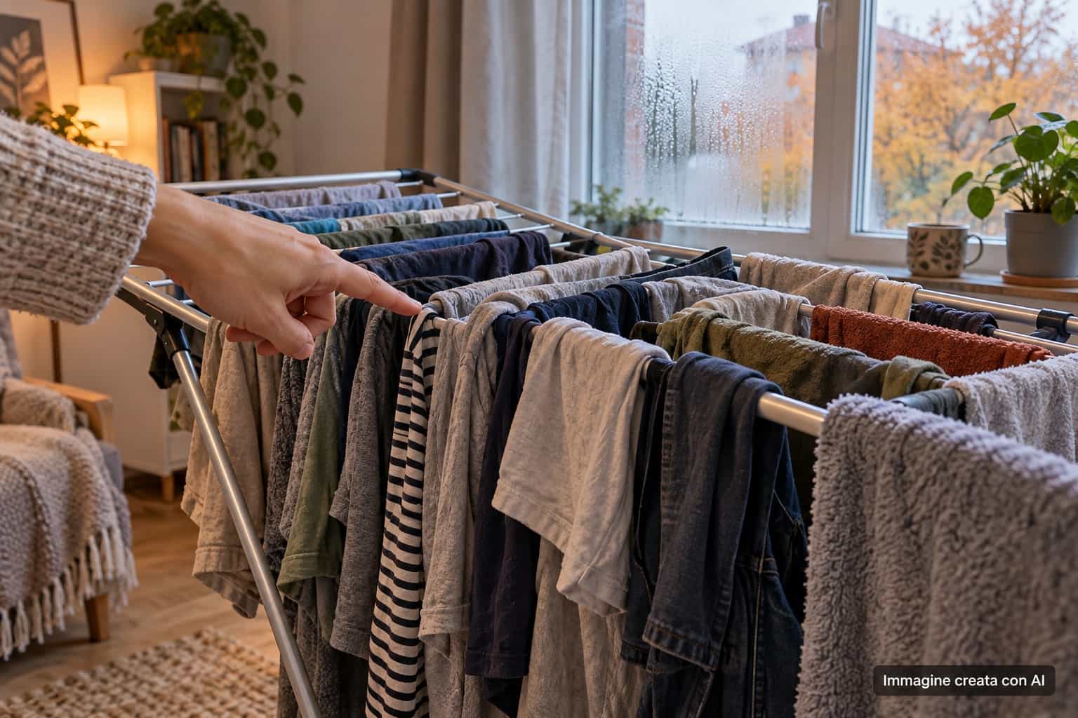 Stendino pieno di bucato umido dentro casa durante una giornata autunnale
