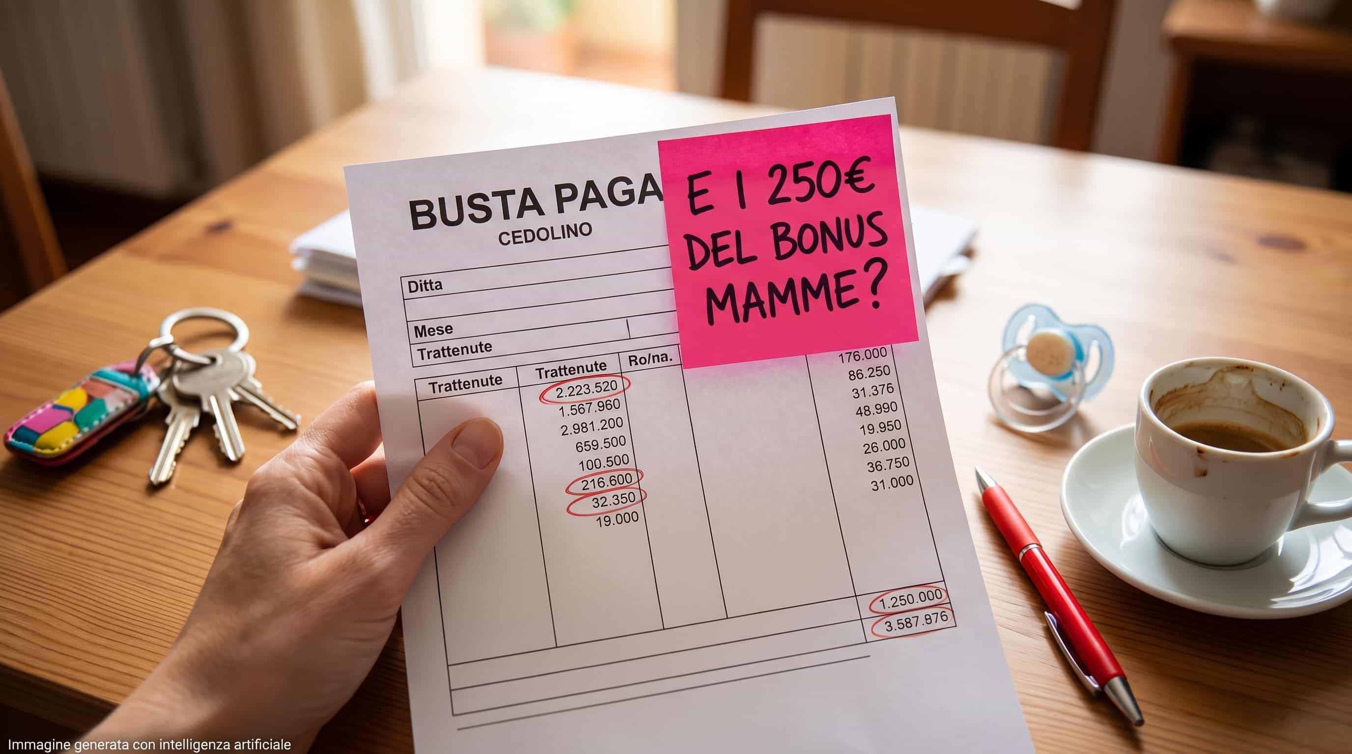 Busta paga di una lavoratrice appoggiata su un tavolo con un post-it fucsia in cui si richiede il bonus mamme