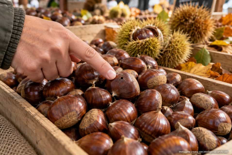 Mano che indica un piccolo forellino sulla buccia di una castagna tra altre castagne fresche esposte al mercato