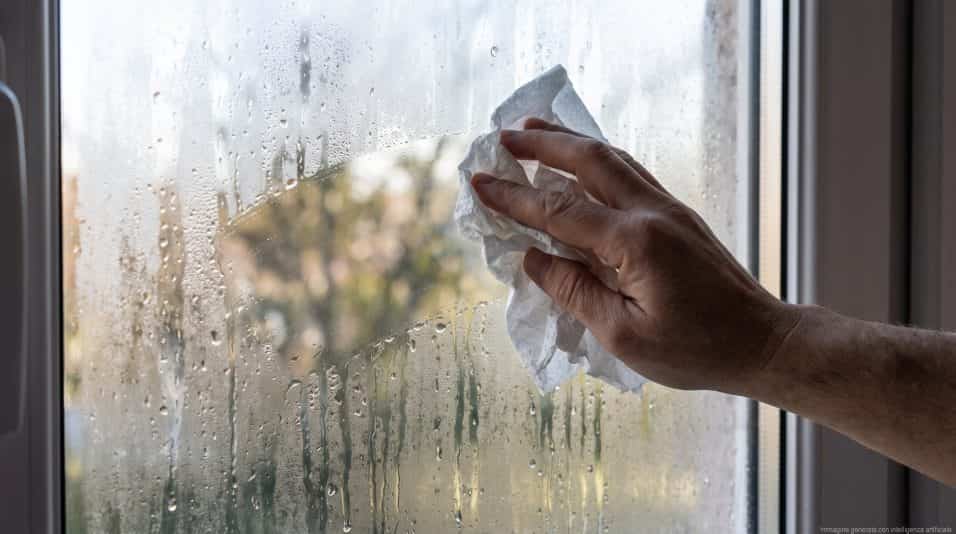 Una mano che passa un panno o un tovagliolo di carta su un vetro di casa completamente appannato e gocciolante