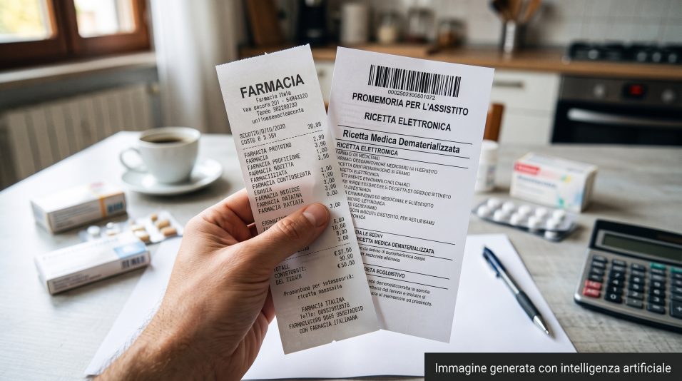 Una mano tiene uno scontrino della farmacia e una ricetta medica bianca