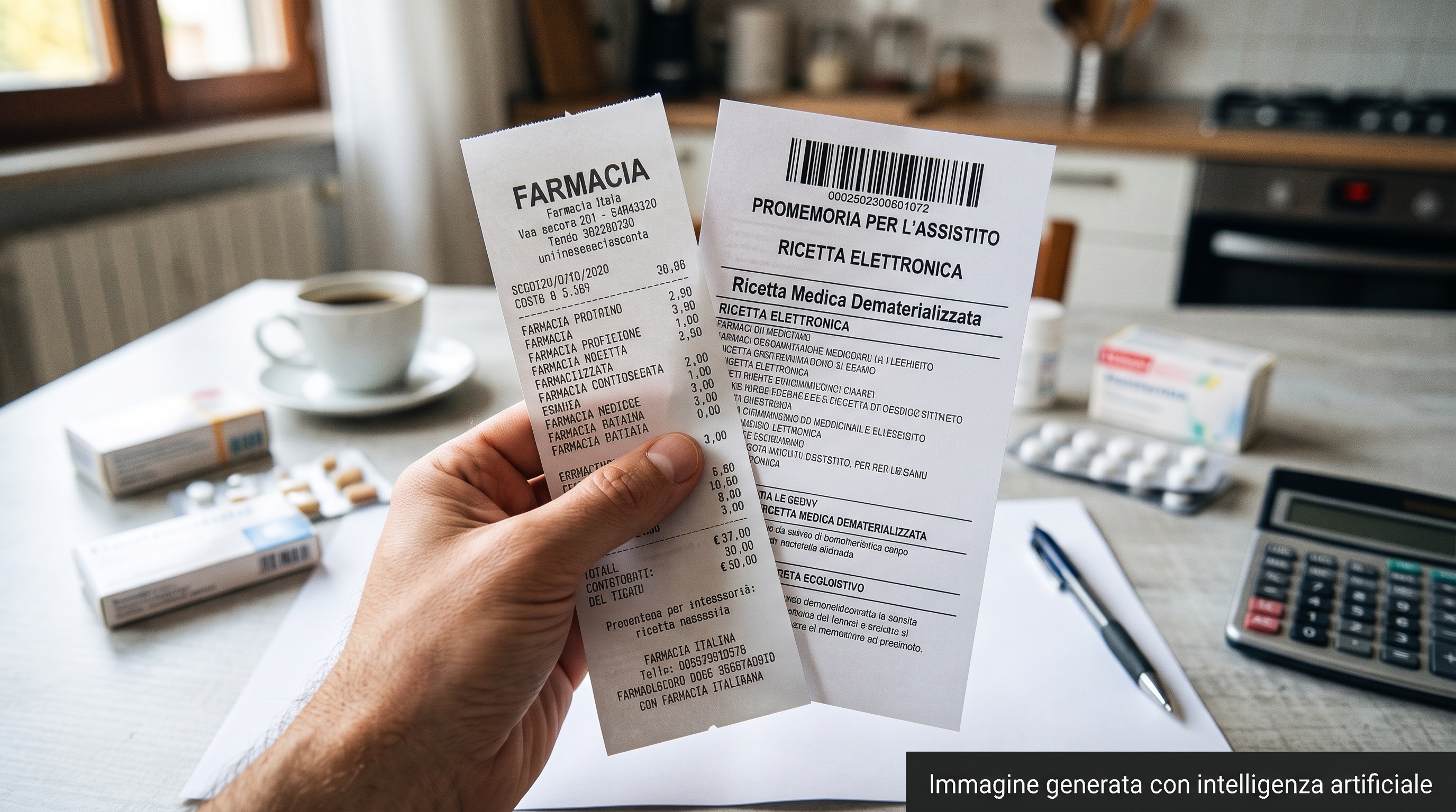 Una mano tiene uno scontrino della farmacia e una ricetta medica bianca