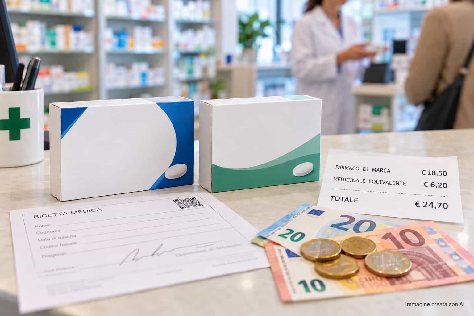 Farmaco di marca e medicinale equivalente sul bancone di una farmacia con ricetta medica e differenza di prezzo