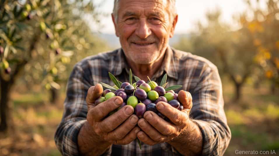 Primo piano di un agricoltore che mostra fiero un pugno di olive sane, colorate a metà tra il verde intenso e il viola brillante