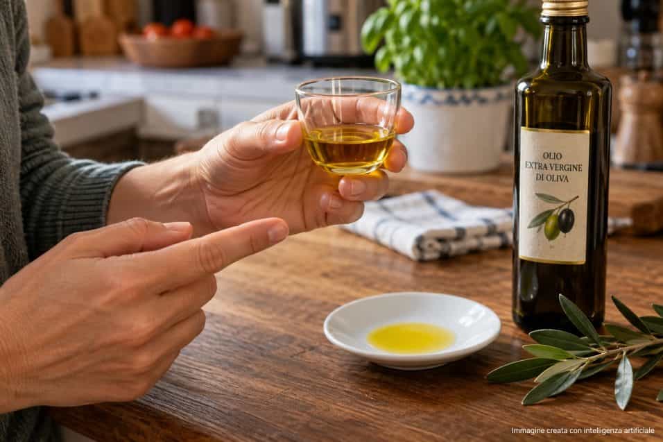 Mano che tiene un bicchierino di vetro con olio extravergine di oliva durante un test casalingo per riconoscerne il profumo e la qualità