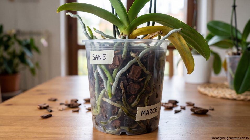 un vasetto trasparente con radici di orchidea sane e marce a confronto