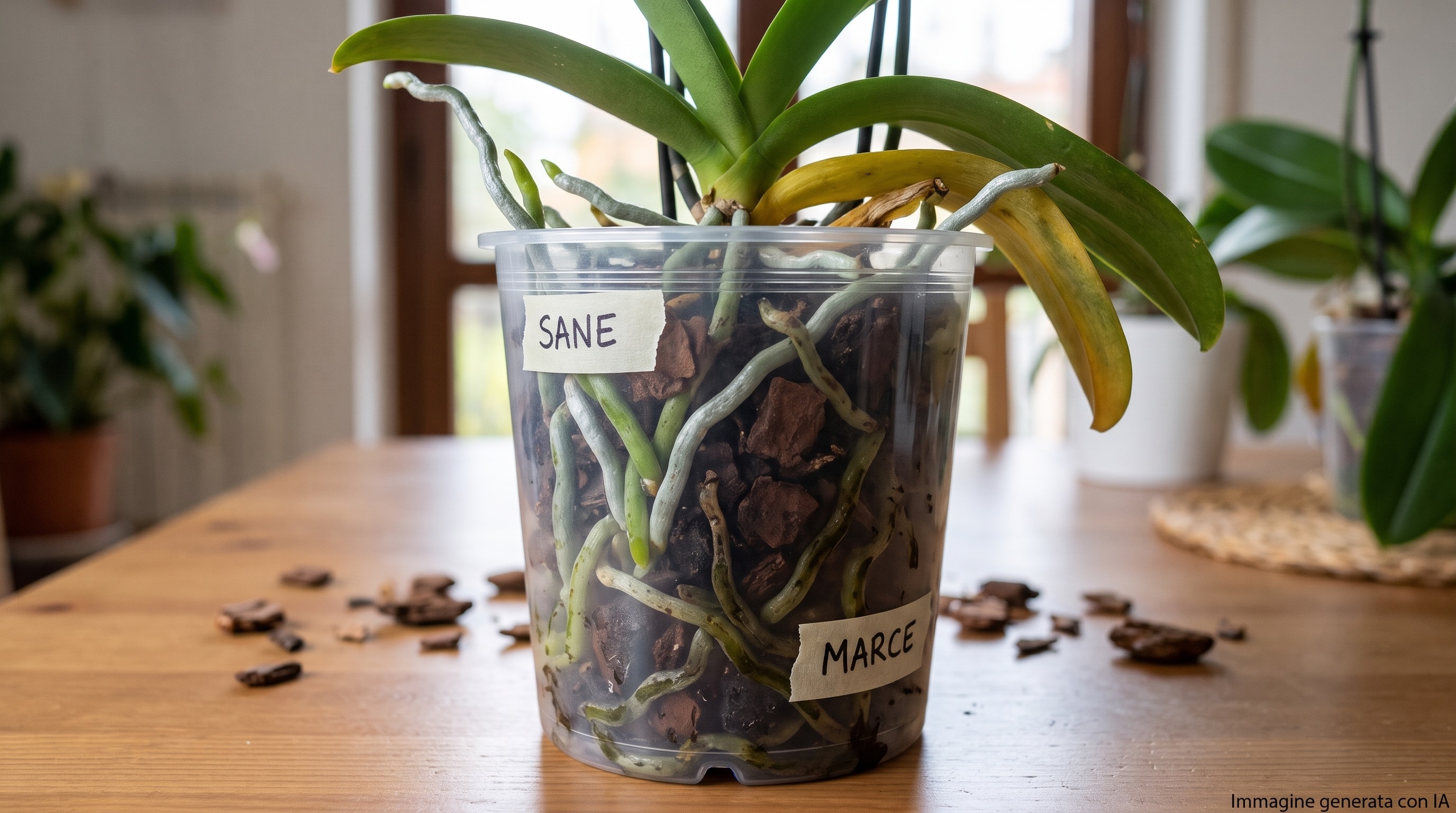 un vasetto trasparente con radici di orchidea sane e marce a confronto
