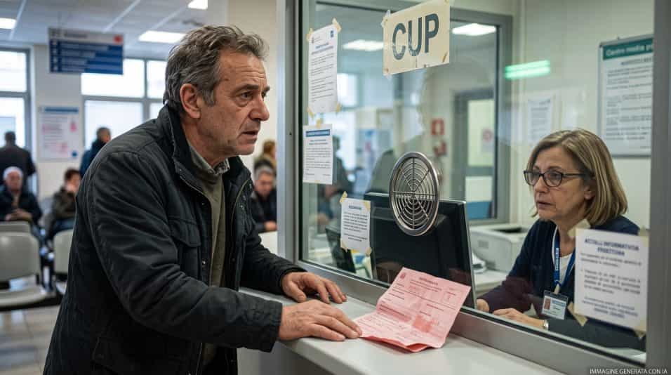 Un paziente preoccupato parla con l'operatore del Cup allo sportello mentre tiene stretta in mano la ricetta medica.